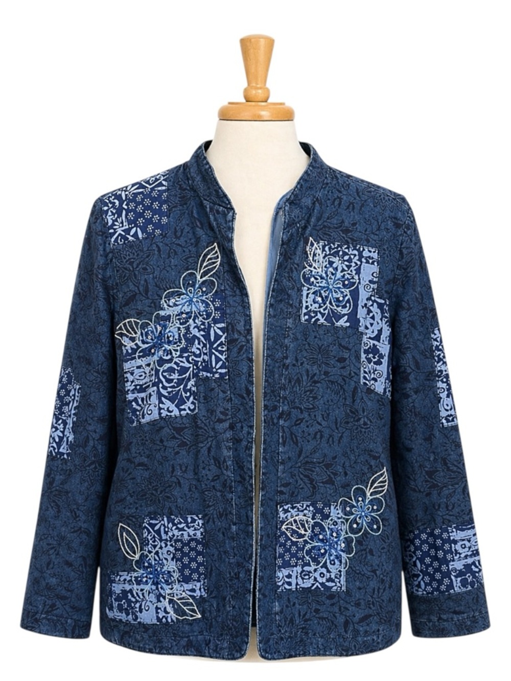 Womens Denim Embroidered Floral Open Front Blazer Jacket Size 8 Patchwork Sequin